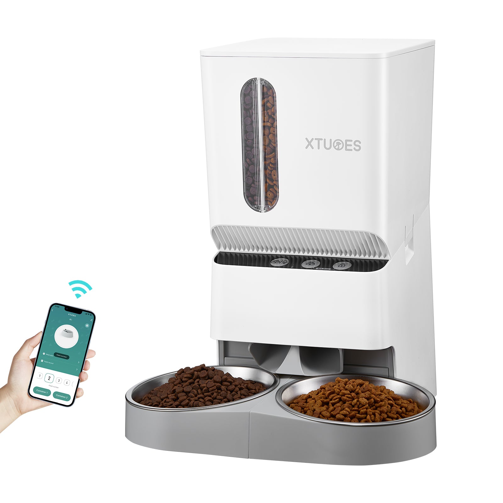 XTUOES 5L Automatic Cat Feeder WiFi with App Control Pet Food Dispenser with Double Bowl - White XTUOES 5L Automatic Cat Feeder WiFi with App Control Pet Food Dispenser with Double Bowl - White